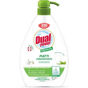 Концентрированный экологичный гель для мытья посуды Dual Power с дозатором Green Life 1 л (8032680394997) Италия